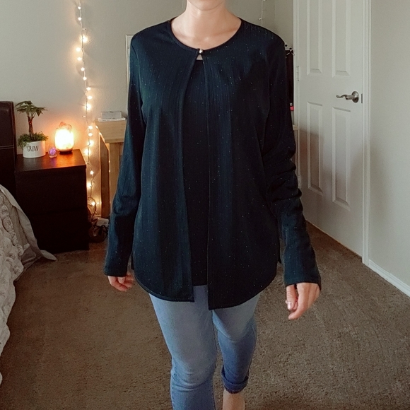 Green sparkle long sleeve layered jacket blouse - Picture 4 of 9